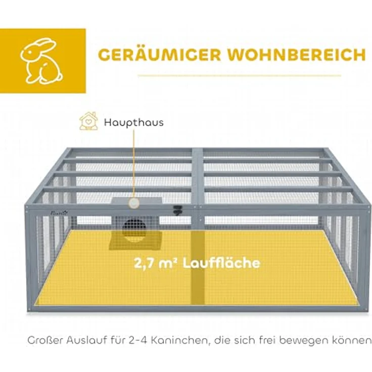 PawHut Kleintierstall Kaninchenstall für 2-4 Zwergkaninchen, Holz mit 2 Türen und Unterstand, 180,4 x 150 x 48 cm, Grau – Bild 3