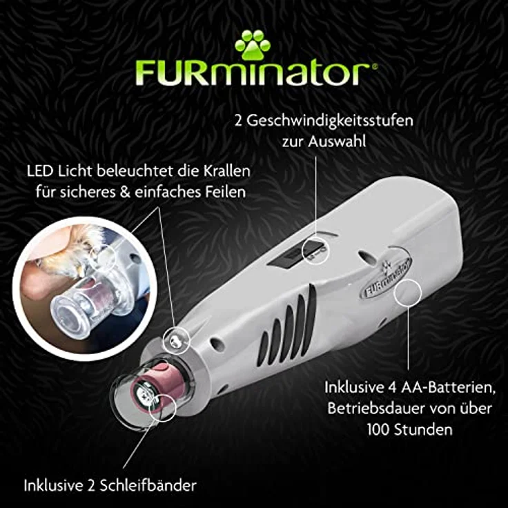 Furminator Krallenschleifer, schnurloser Nagelschleifer mit LED-Licht, 2 Geschwindigkeitsstufen, für Hunde und Katzen – Bild 3