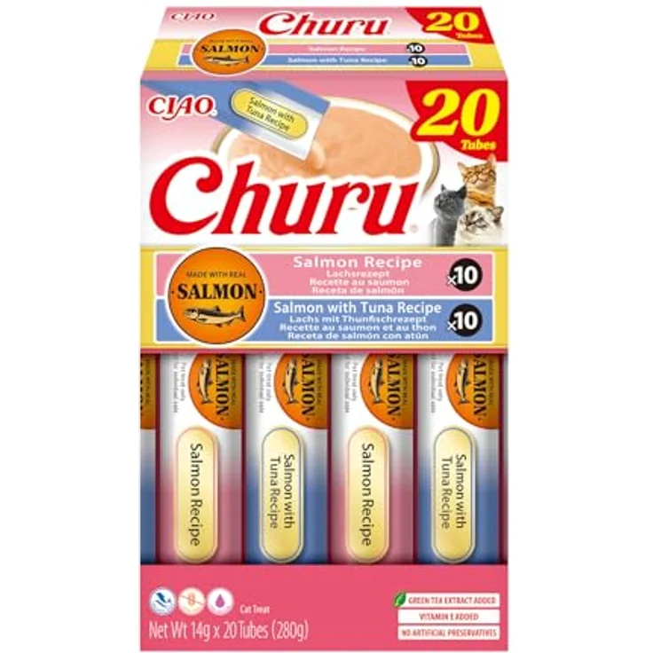 INABA Churu Salmon, Cremige Katzenleckerlis ohne Getreide & Zucker, 20 x 14 g, hochfeuchtigkeitsgehalt, Lachs und Thunfisch Rezepte – Bild 2