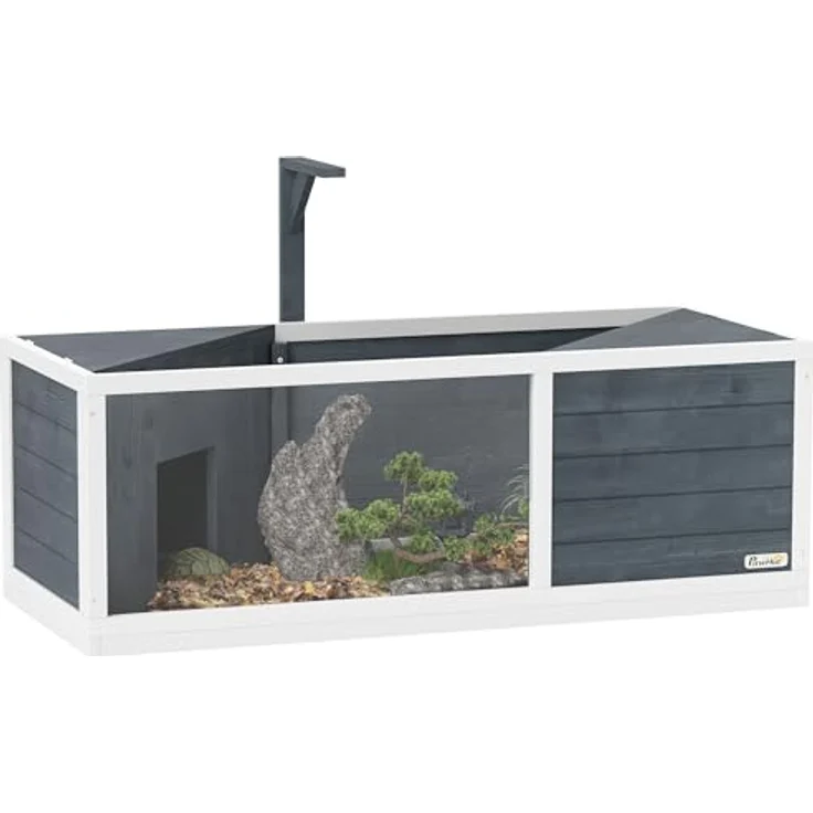 PawHut Schildkrötenhaus aus Holz, Schildkrötengehege mit zwei Haupthäusern, aufklappbarem Oberseite, Lichtständer und transparenter Frontplatte, 120 x 50 x 40 cm, Grau – Bild 1