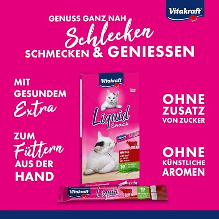 Vitakraft Liquid Snack, Katzen Leckerli mit Rind und Katzengras, cremig, für gesunde Darmflora, 6x15g Sachets – Bild 2