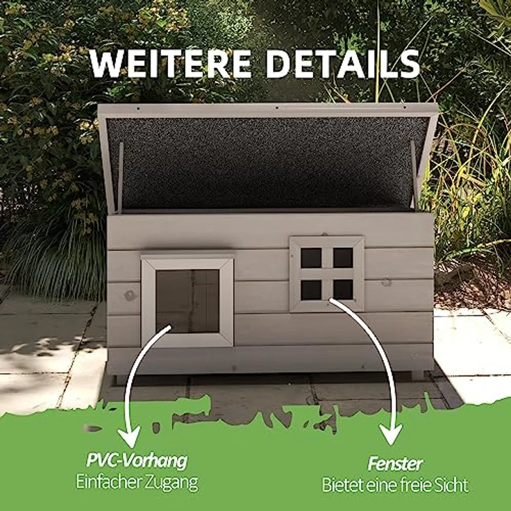 PawHut Katzenhaus aus Holz, wasserdicht mit Asphaltdach, klappbarem Deckel und Fenster, winterfest, 87 x 52 x 44 cm, grau – Bild 5