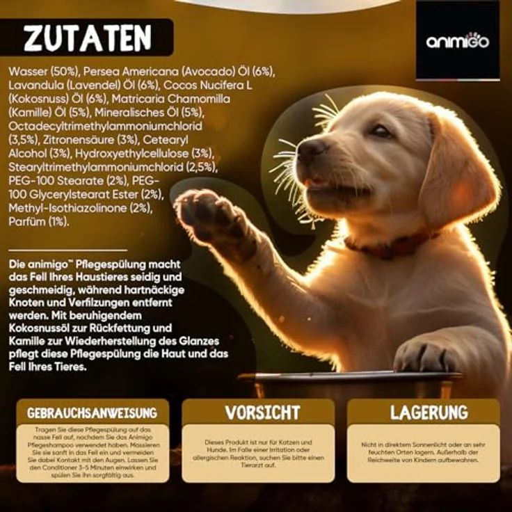 animigo Conditioner für Hunde & Katzen, 500ml Spülung mit Kokosöl & Avocadoöl, für Langhaar & Kurzhaar, bei Juckreiz & trockener Haut, ohne Parfüm – Bild 5