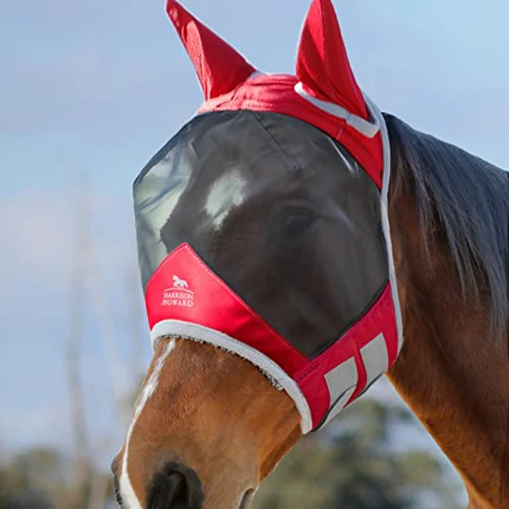 Harrison Howard CareMaster Pro Luminous, Pferde Fliegenmaske mit UV-Schutz, Fleece-Polsterung und Ohrenschutz, Rot, Pony (S) – Bild 1