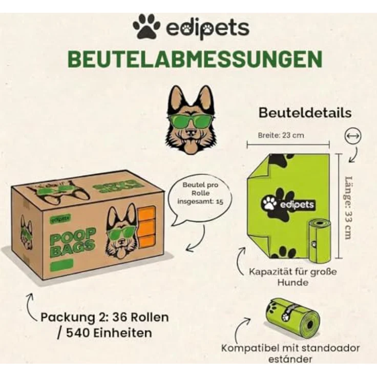 Edipets Hundekotbeutel biologisch abbaubar, 36 Rollen mit 540 Einheiten, extra dick und auslaufsicher, 23x33 cm, nicht parfümiert – Bild 4