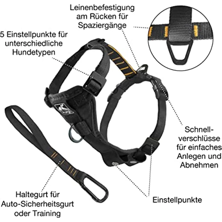 Kurgo Tru-Fit Smart Hundegeschirr, Größe M, Schwarz, mit gepolstertem Brustteil und Autosicherheitsgurt, Anti-Zug Training Clip – Bild 2