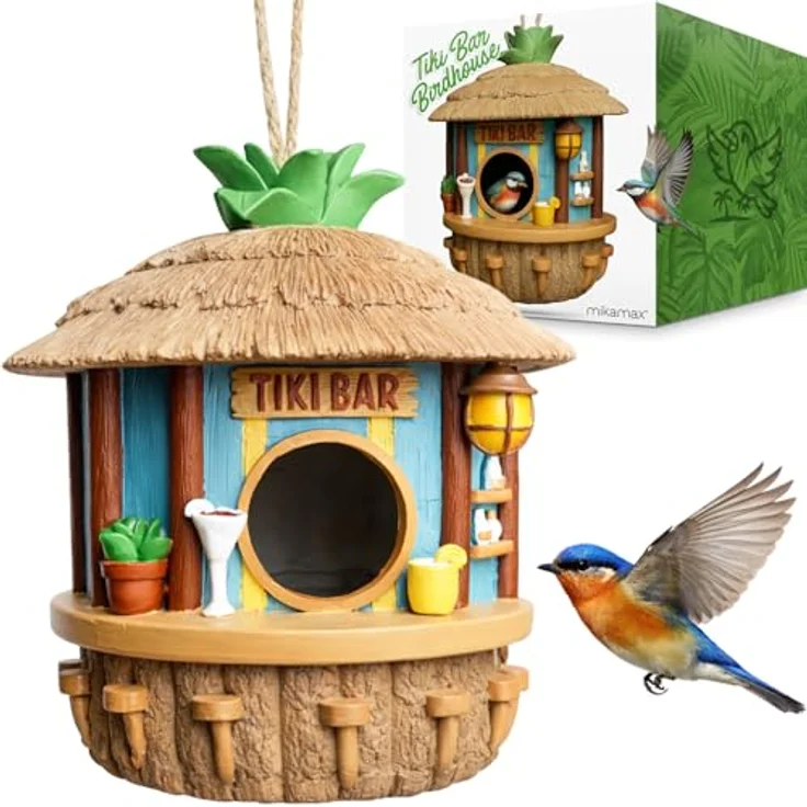 MikaMax Tiki Bar Vogelhaus, Hängendes Vogelhaus für kleine Vögel, wetterfest und tropische Gartendeko, 19 x 17 cm – Bild 1