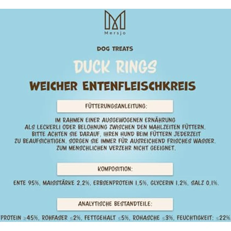 MERSJO Hundeleckerlis Duck Rings, 95% Entenfleisch, Getreidefrei, 2x500g, proteinreich und fettarm, glutenfrei – Bild 2