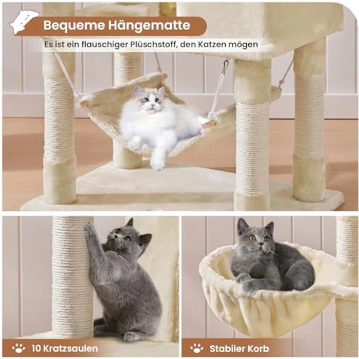 MSmask Stabiler Kratzbaum, großer Katzenbaum mit 2 Plattformen und großer Höhle, Sisalstämme, beige – Bild 4