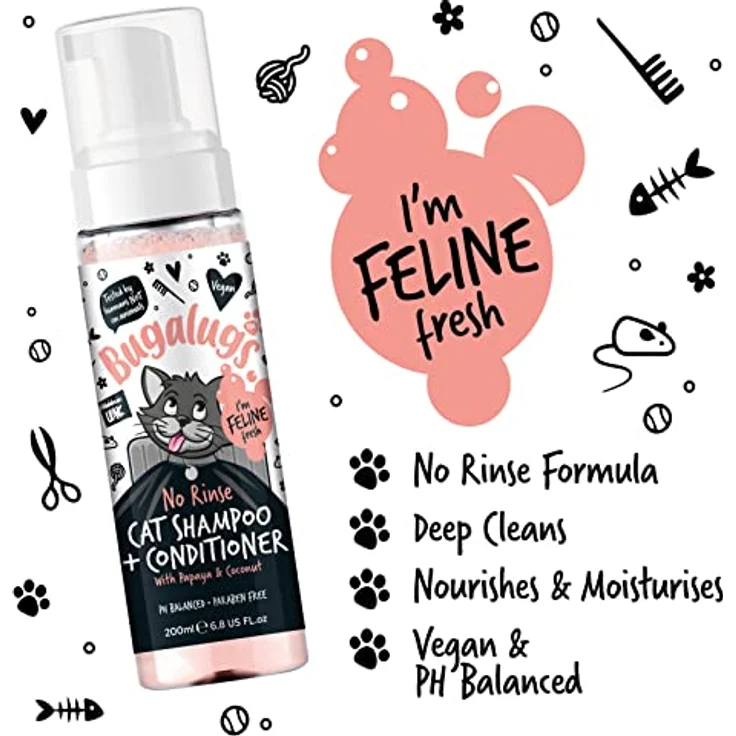 Bugalugs Katzenshampoo 2 in 1 ohne Wasser, pH-neutral, 200ml, Papaya und Kokosduft, für wasserscheue Katzen – Bild 4