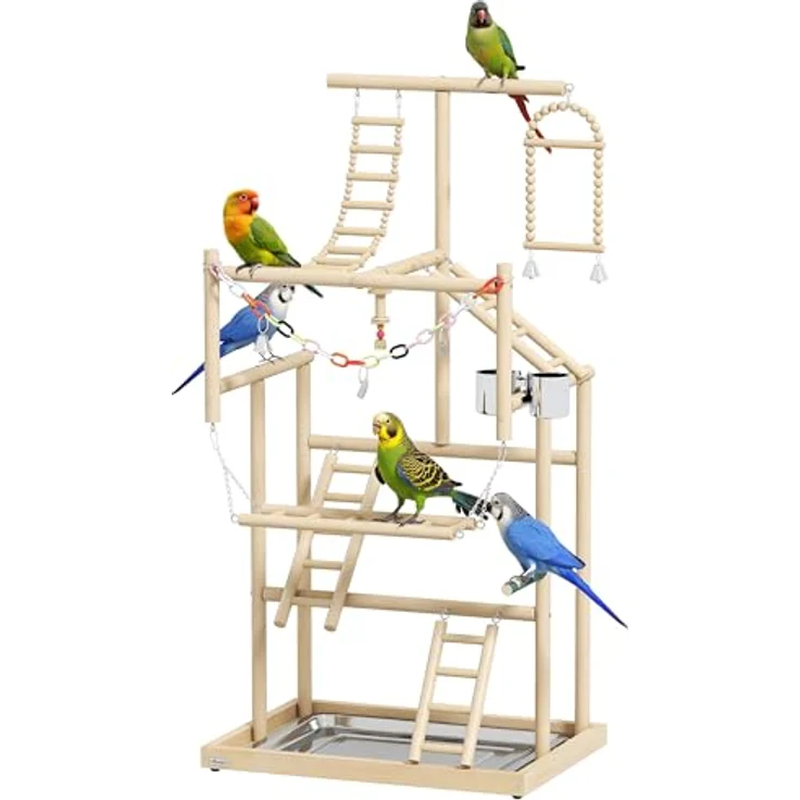 PawHut Vogelhaus mit Spielzeug, Naturholz, Edelstahlwanne für Nymphensittiche, Conures und Unzertrennliche – Bild 1