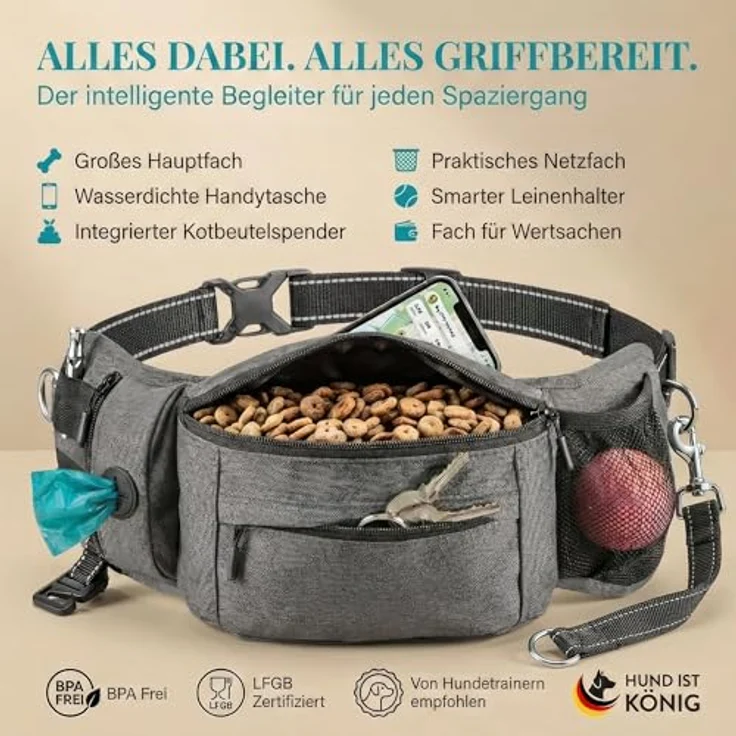 HUND IST KÖNIG Leckerlitasche für Hunde, robuste Bauchtasche mit Kotbeutelspender, Handyfach & Gurt für Flexileine, schwarz – Bild 2