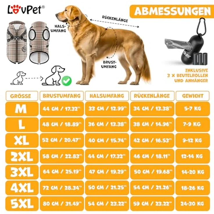Lovpet LOVPET® Hundejacke mit Geschirr, gefütterte wasserdichte Winterweste, inkl. 45 Kotbeutel + Spender, gepolstert, mit Brustgurt, Reflektoren, D-Ring, 5XL, beige – Bild 2