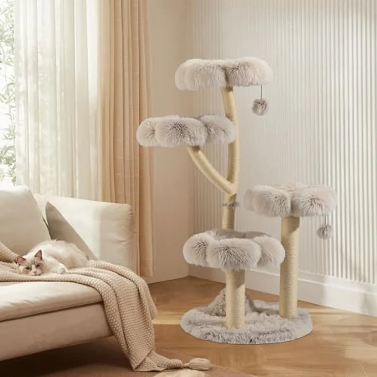 Wiltec Fudajo Designer Kratzbaum 123cm, Katzenkratzbaum in Creme und Grau, Kratzmöbel für Katzen – Bild 8