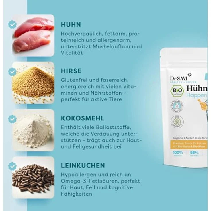 Dr. SAM Hühner Happen für Katzen, gesunde Snacks für Haut & Fell, mit Hirsemehl, Kokosmehl & Leinsamen, glutenfrei, 80g – Bild 2