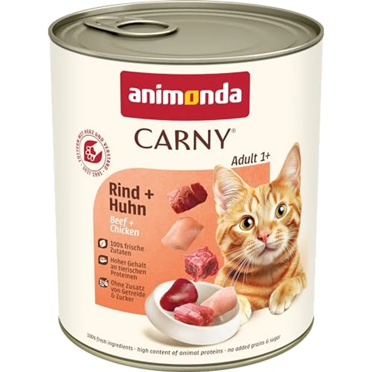 animonda Carny Adult Rind + Huhn, Katzennassfutter mit 100 % frischen, fleischlichen Zutaten, ohne Getreide und Zucker, 6 x 800 g – Bild 1