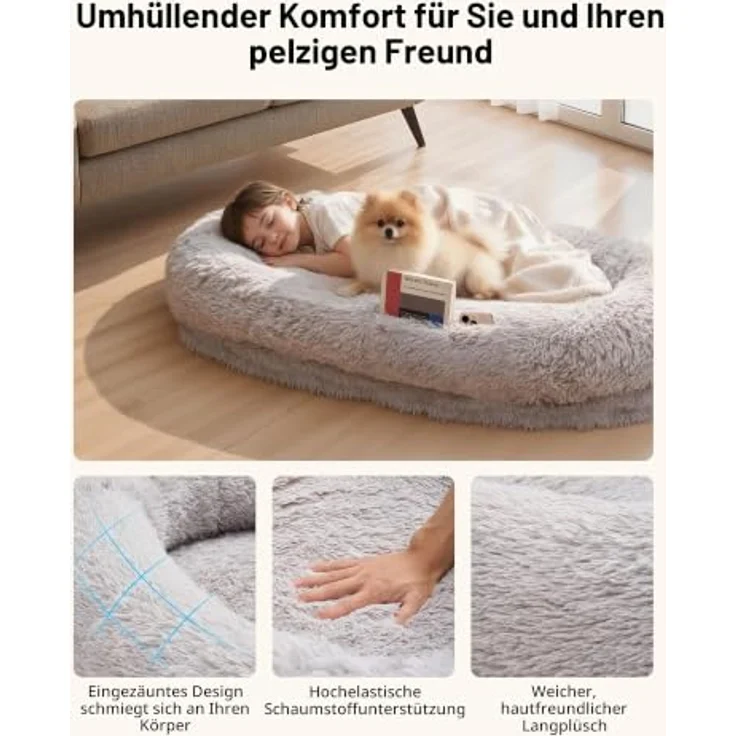 VEVOR Hundebett für Menschen & Hunde, 132x86x24 cm, Memory-Schaum mit abnehmbarem, waschbarem Bezug, grau, mit Seitentasche und rutschfester Unterseite – Bild 3