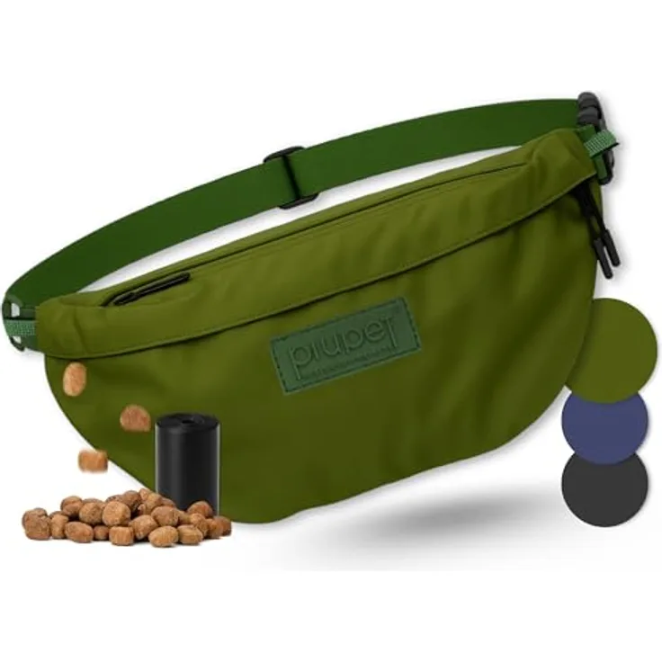 PiuPet® Leckerlitasche, wasserdichte Gassitasche für Hunde mit 3 Reißverschlussfächern, 2-in-1 Bauchtasche & Umhängetasche, herausnehmbare Innentasche, grün