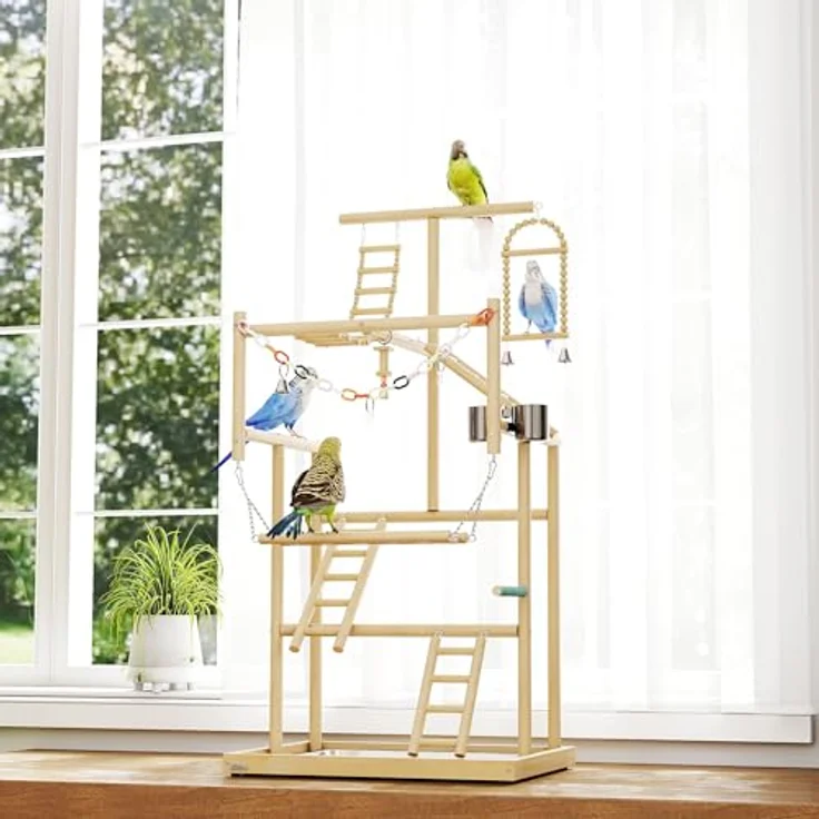 PawHut Vogelhaus mit Spielzeug, Naturholz, Edelstahlwanne für Nymphensittiche, Conures und Unzertrennliche – Bild 8