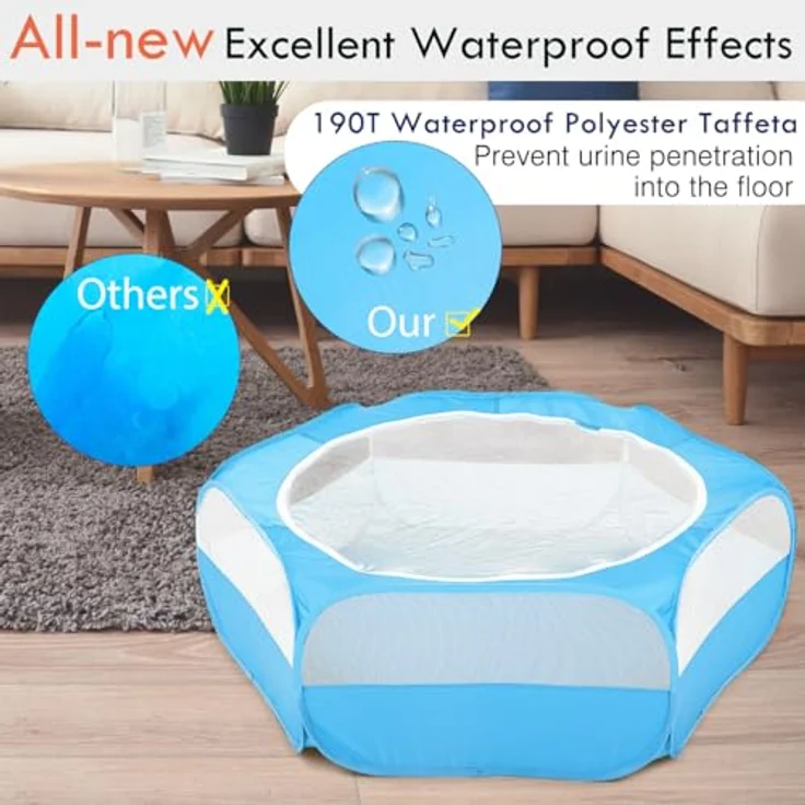 Pawaboo Kleintiere Freigehege, Wasserdicht Faltbar für Hasen, Hühner, Kätzchen und Welpen, Visuell Laufstall mit Netz und Nylonboden, 133 cm x 38 cm - Blau – Bild 4