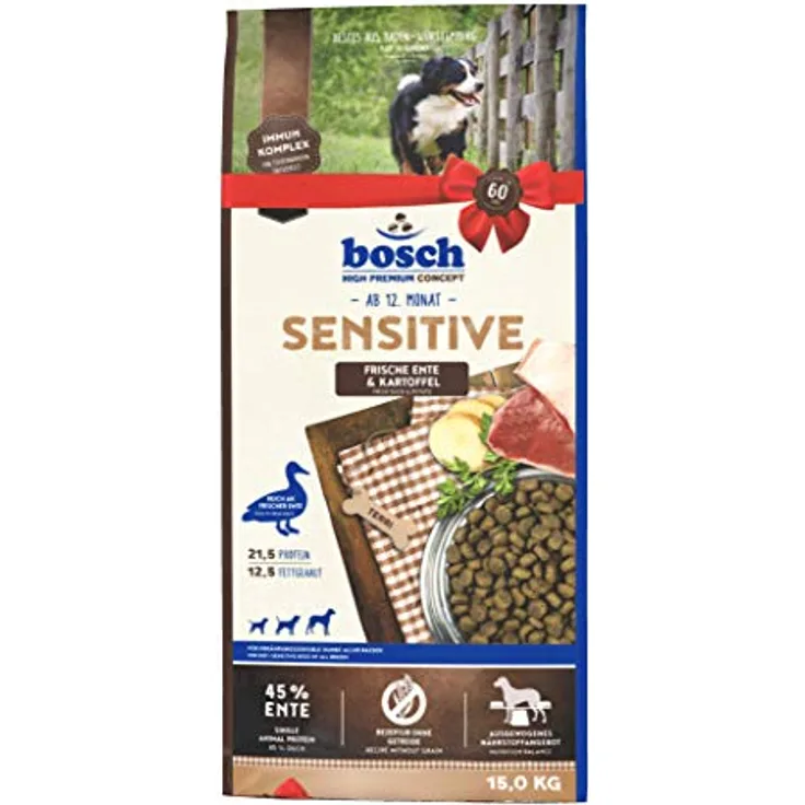 Bosch Sensitive Ente & Kartoffel, Hundefutter für ernährungssensible Hunde, 15 kg, getreidefrei, mit Single Animal Protein Ente und Immun-Komplex