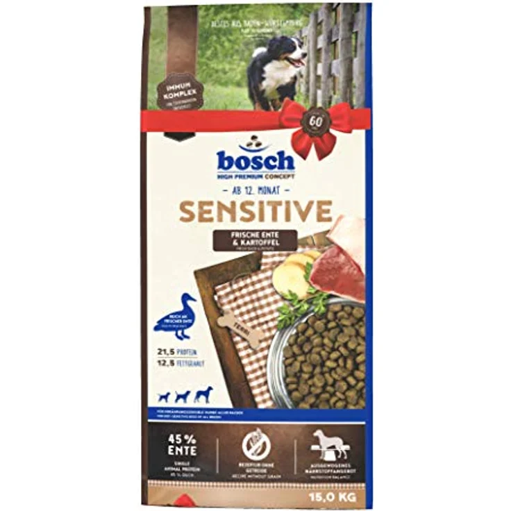 Bosch Sensitive Ente & Kartoffel, Hundefutter für ernährungssensible Hunde, 15 kg, getreidefrei, mit Single Animal Protein Ente und Immun-Komplex – Bild 1