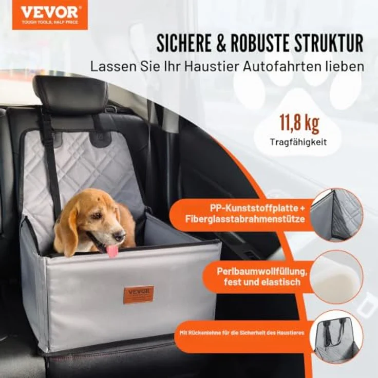VEVOR Hundeautositz, Hundesitzerhöhung fürs Auto mit Stützrahmen, ansteckbarer Sicherheitsleine und Baumwollfüllung, für kleine Hunde bis 26 lbs, grau – Bild 2