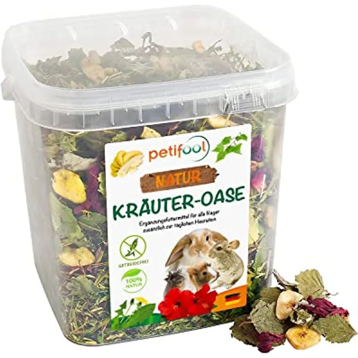 petifool Kräuter Oase 370g, Ergänzungsfutter für Nager, 100% natürlich, ohne künstliche Zusätze, getreidefrei, für Kaninchen, Meerschweinchen, Hamster, Chinchilla & mehr