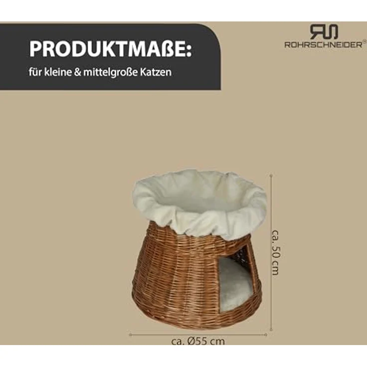 Rohrschneider Katzenturm mit Höhle und Liegedach, stabiler Katzenkorb aus Weide mit waschbarem Bezug, Katzenhaus und Rückzugsort, Made in Germany – Bild 3