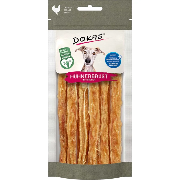Dokas Tierwohl Hühnerbrust in Streifen, fettarmer Hundesnack mit hohem Fleischanteil, 50g