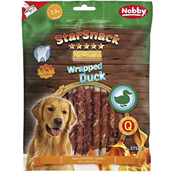 Nobby STARSNACK Barbecue Wrapped Duck, 375 g, kalorienarme Hundesnacks aus 100 % Rinderhaut und getrocknetem Entenfleisch, wiederverschließbarer Frischebeutel