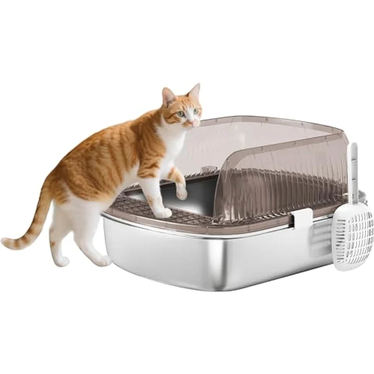 PawHut Edelstahl Katzenklo, offene Katzentoilette mit hohem Rand, Wanne und Streuschaufel, für große Katzen bis 15 kg, 53 x 42 x 27 cm, Kohlegrau – Bild 1