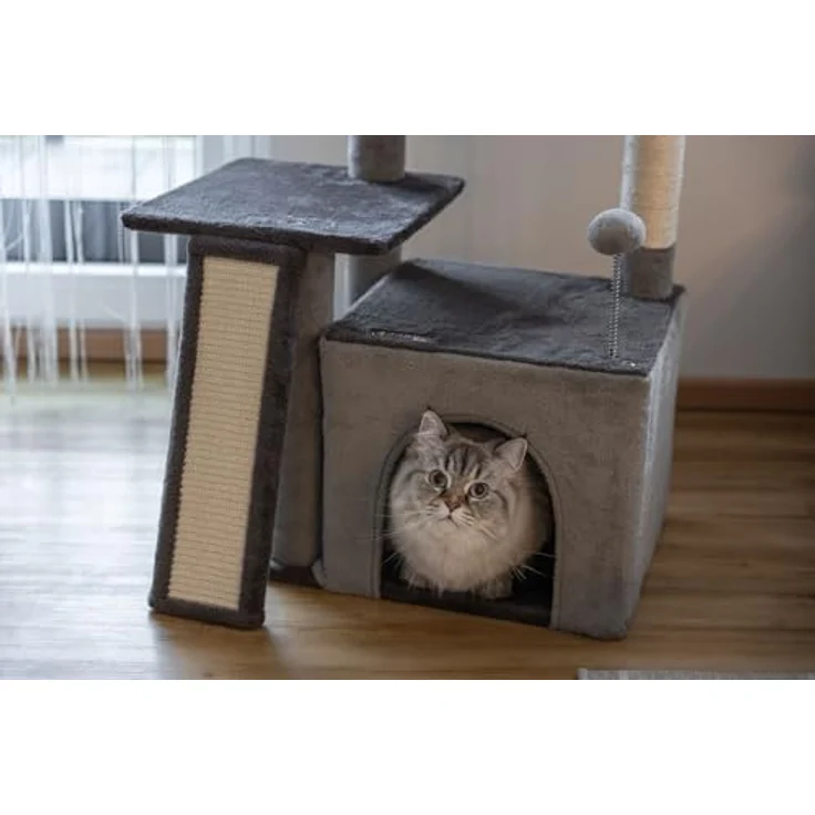 Kerbl Pet Kratzbaum Rosalie, grau, 76 cm, mit Kuschelbett und Spielbällen aus Plüsch, stabiler Holz-Katzenkratzbaum für Katzen und Kitten – Bild 4