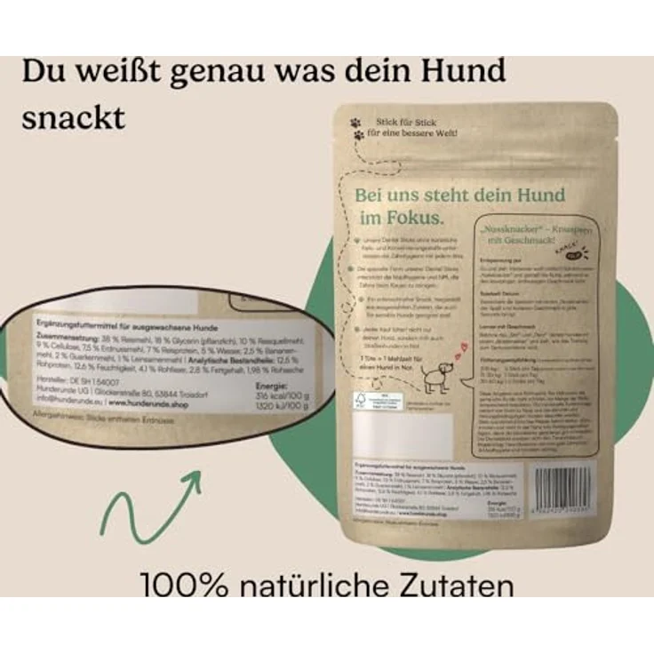 Hunderunde Dental Sticks Nussknacker, Kausnack für Hunde mit Erdnuss & Banane, 42 STK, getreidefrei & ohne tierische Proteine, zur Plaque- & Zahnsteinreduktion, vegane Zahnpflege – Bild 4