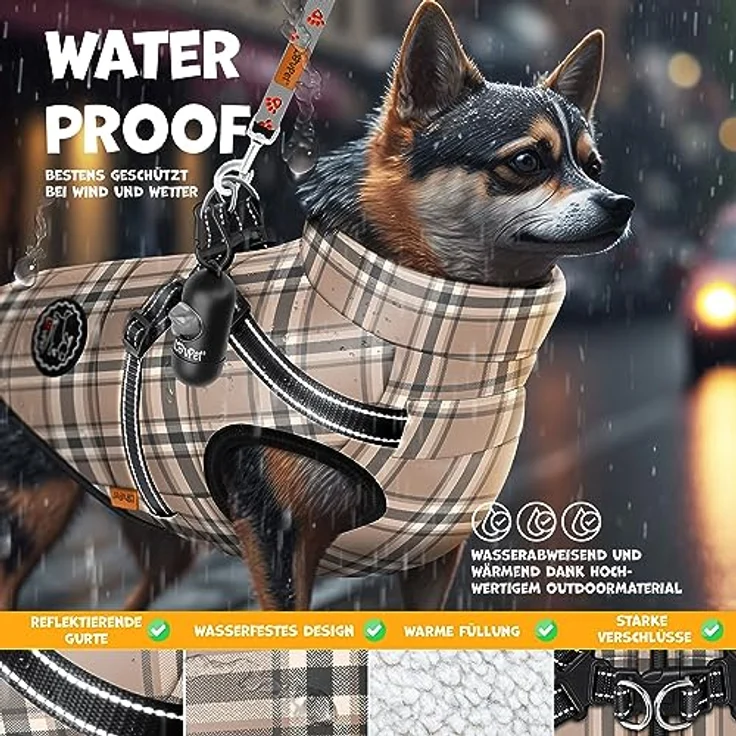 Lovpet LOVPET® Hundejacke mit Geschirr, gefütterte wasserdichte Winterweste, inkl. 45 Kotbeutel + Spender, gepolstert, mit Brustgurt, Reflektoren, D-Ring, 5XL, beige – Bild 5