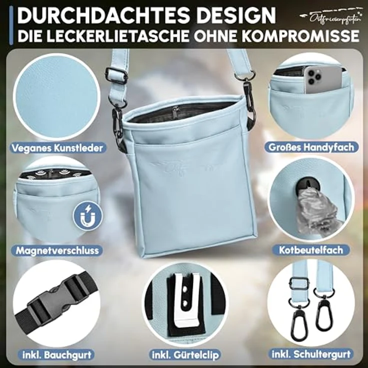 Ostfriesenpfoten® Leckerlibeutel 'Frieda', Hunde-Futterbeutel aus hochwertigem Kunstleder, Lavendelblau, Größe L, mit EasyOpen Einhandmagnetverschluss, zwei getrennten Leckerlibereichen, kotbeutelspender und Schultergurt. – Bild 4