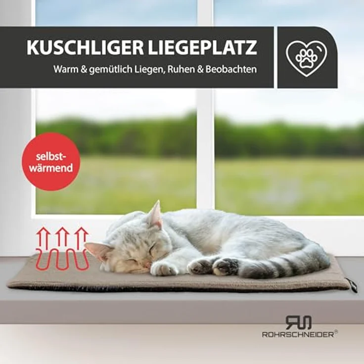 Rohrschneider Katzen Fensterliege, selbstwärmende Katzendecke aus Cordstoff, waschbar, rutschfeste Unterlage, Größe 1 (60 x 29 cm), Taupe, Made in EU – Bild 5