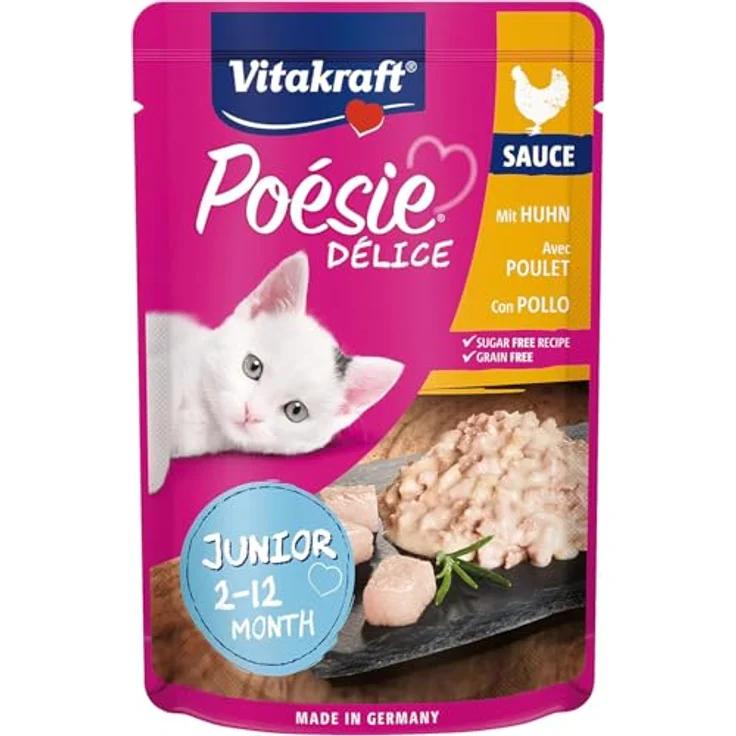 Vitakraft Poésie Délice Junior, Nassfutter für Katzen in Sauce mit Huhn, 85g, ohne Zucker und Getreide, ideal für junge Katzen – Bild 1