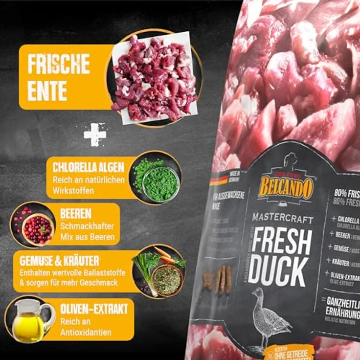 BELCANDO MASTERCRAFT Hundefutter trocken Fresh Duck, 500g, getreidefreies Trockenfutter mit 80% frischem Entenfleisch, für alle Rassen, Made in Germany – Bild 4