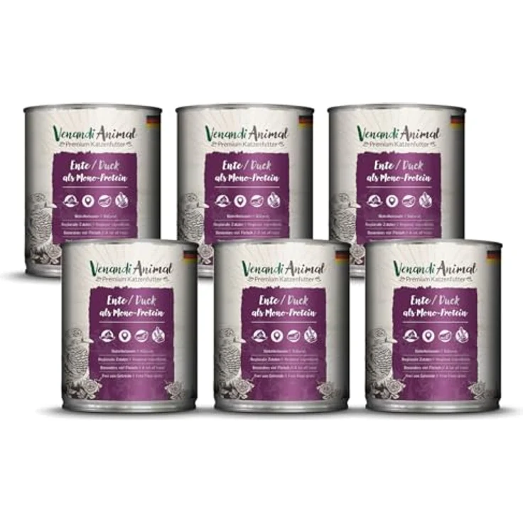 Venandi Animal Premium Nassfutter für Katzen, Ente als Monoprotein, 6er Pack (6 x 800 g), getreidefrei, 99 % Fleisch und Innereien – Bild 1