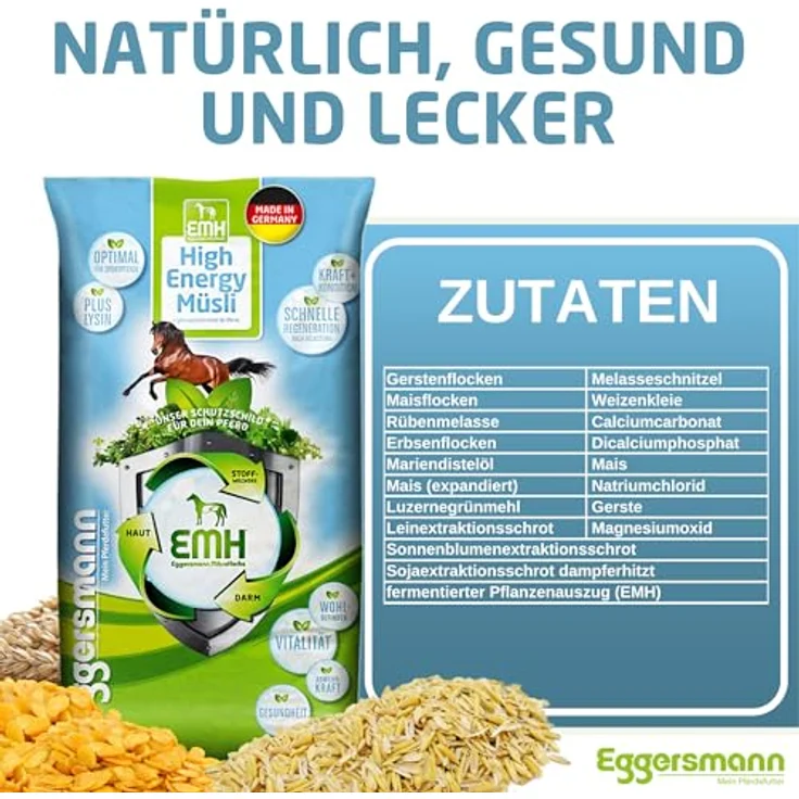 Eggersmann EMH High Energy Müsli für Sport- und Hochleistungspferde, Spezialmüsli mit Lysin, 20 kg Sack, hohe Verdaulichkeit, mit Omega-3-Fettsäuren, Deutsche Qualität – Bild 4