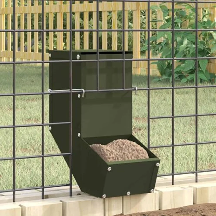 vidaXL Kaninchenfütterer Olive Grün, Rechteckiger automatisierter Futterspender aus Stahl, 12,5 x 26 x 28,5 cm, für drinnen und draußen – Bild 2