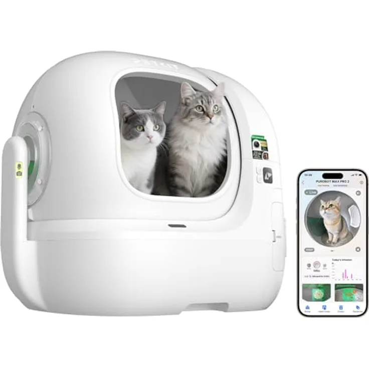 PETKIT PUROBOT Max Pro 2 Selbstreinigende Katzentoilette mit KI-Kamera, Präziser Mehrkatzen-Erkennung und Hygienischem Kordelzugsystem für Mehrere Katzen