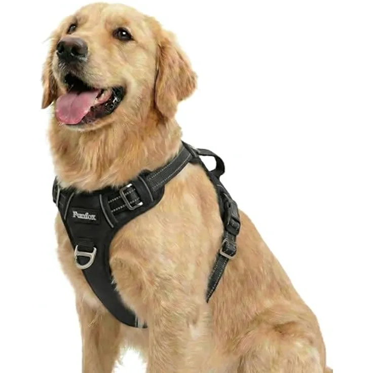 Funfox Anti-Zug Hundegeschirr für Mittelgroße Hunde, verstellbar mit Griff und Reflexstreifen, No Pull Brustgeschirr in Schwarz, Größe L