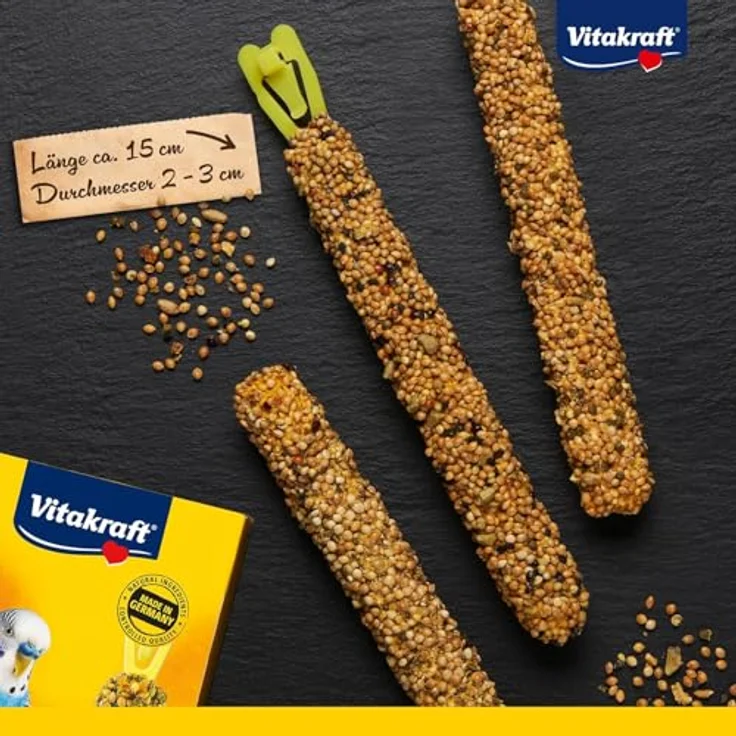 Vitakraft Kräcker Mix, Vogelsnack für Wellensittiche, Knabberstangen mit Kräutern, Paprika, Kiwi, Citrus, Banane und Sesam, ohne Zuckerzusatz, 90g – Bild 4