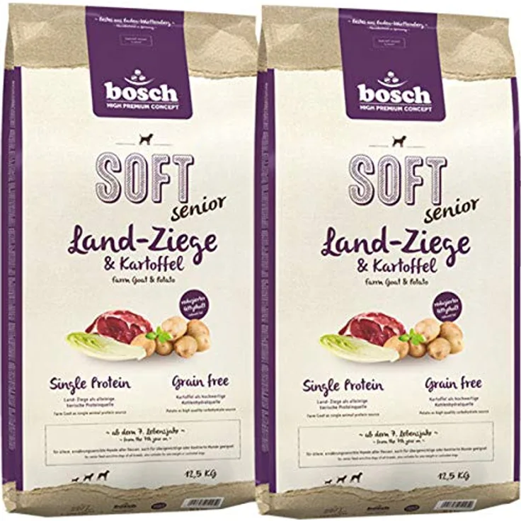 Bosch SOFT Senior Land-Ziege & Kartoffel, 12,5 kg, getreidefreies Hundefutter für ernährungssensible ältere Hunde