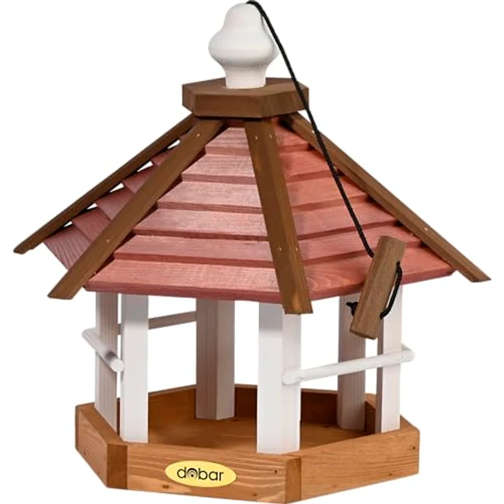 dobar® Großes Vogelhaus Herbstfrüchte, Futterstation aus Kiefernholz, 33,5 x 29 x 34 cm, Braun/Rot/Weiß, zum Aufhängen – Bild 1
