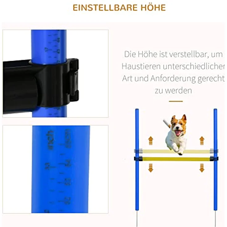 PawHut Agility-Übungs-Set, Slalom-Hürden-Tunnel für Hundesport, inkl. Tunnel, 8 Slalomstangen, justierbare Hürdenstange, blau-gelb, transportable Tragetasche – Bild 5