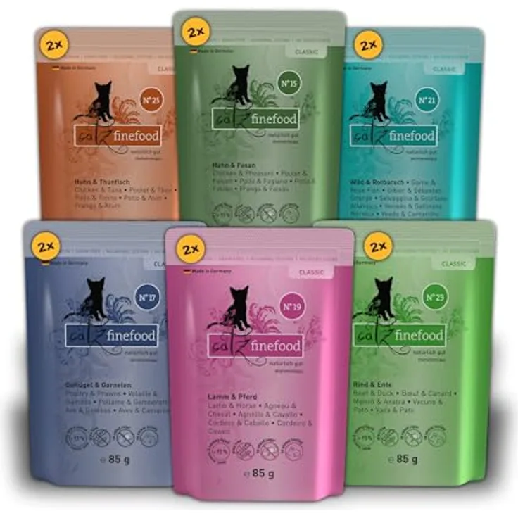 catz finefood Multipack 2, 12 x 85g Beutel, Feinkost Katzenfutter nass, Sorten Mix-Paket 2 mit Huhn, Thunfisch, Rind, Rotbarsch, Lamm, Garnelen, Wild, ohne künstliche Zusätze