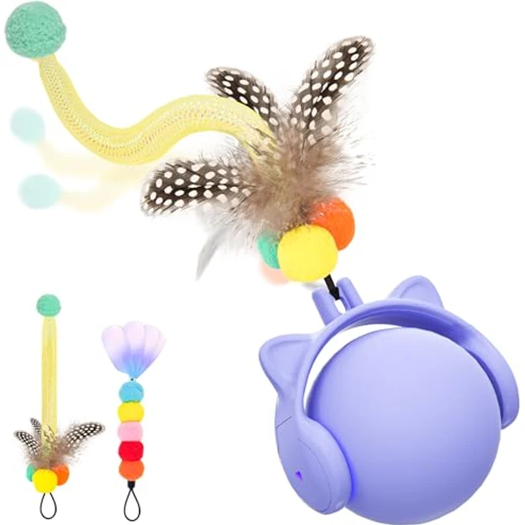 GoldenSun Automatischer Katzenspielzeugball mit Federschwanz, Bewegungsaktiviert, Zwitschernd, Wiederaufladbar über USB, Lila – Bild 1